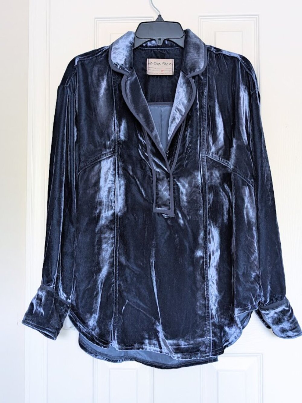 Free People Luxy Velvet Top Womens Night Sky Collared Long Sleeve Pullover Sz:XS